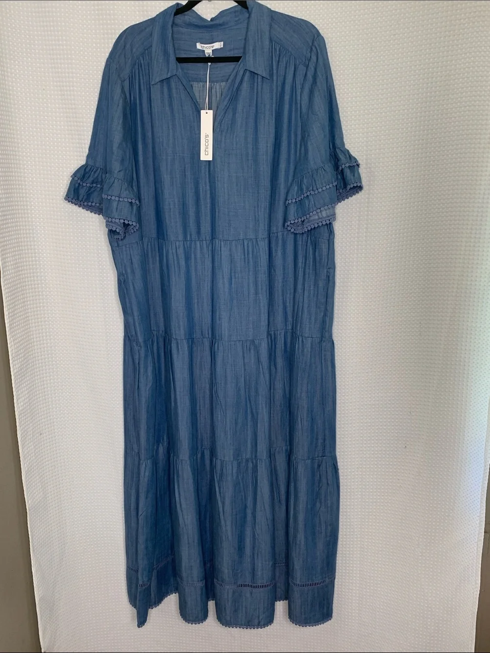Chico's Blue Chambray Tencel Tiered V-Neck Maxi Dress Plus size 20 - Picture 4 of 15